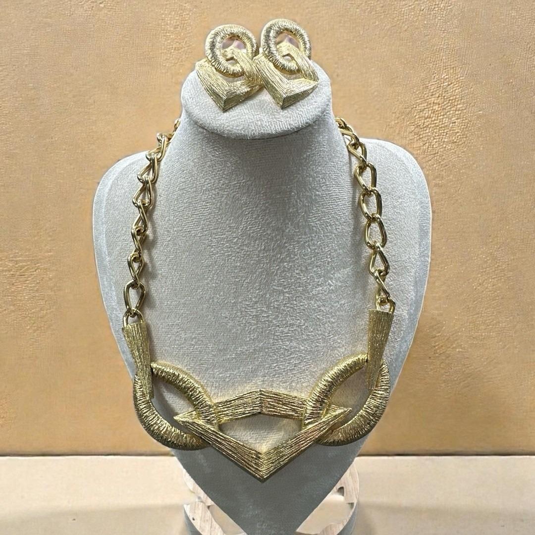 M Gent Sculptural Gold Statement Necklace Earrings Set 1980s Designer Runway